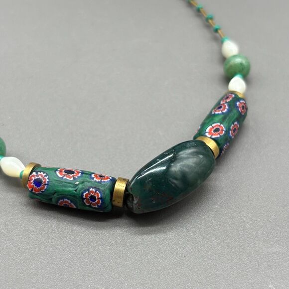 Vintage Millefiori Glass Aventurine Bloodstone Brass Bead Necklace 16" 70s Boho - Picture 2 of 8